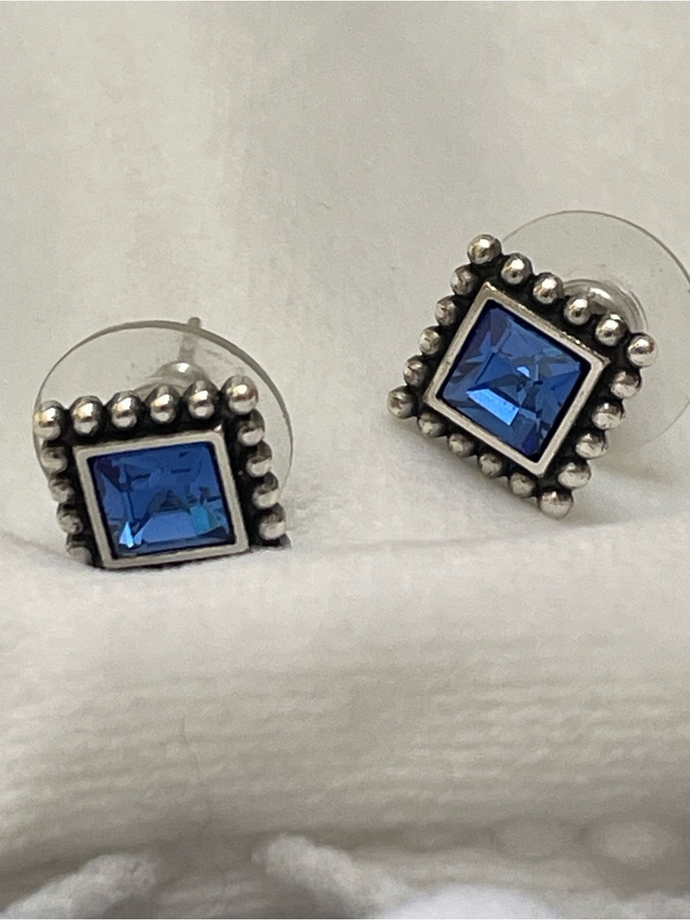 Brighton Blue Square Crystal Stud Earrings with Beaded Silver Frame